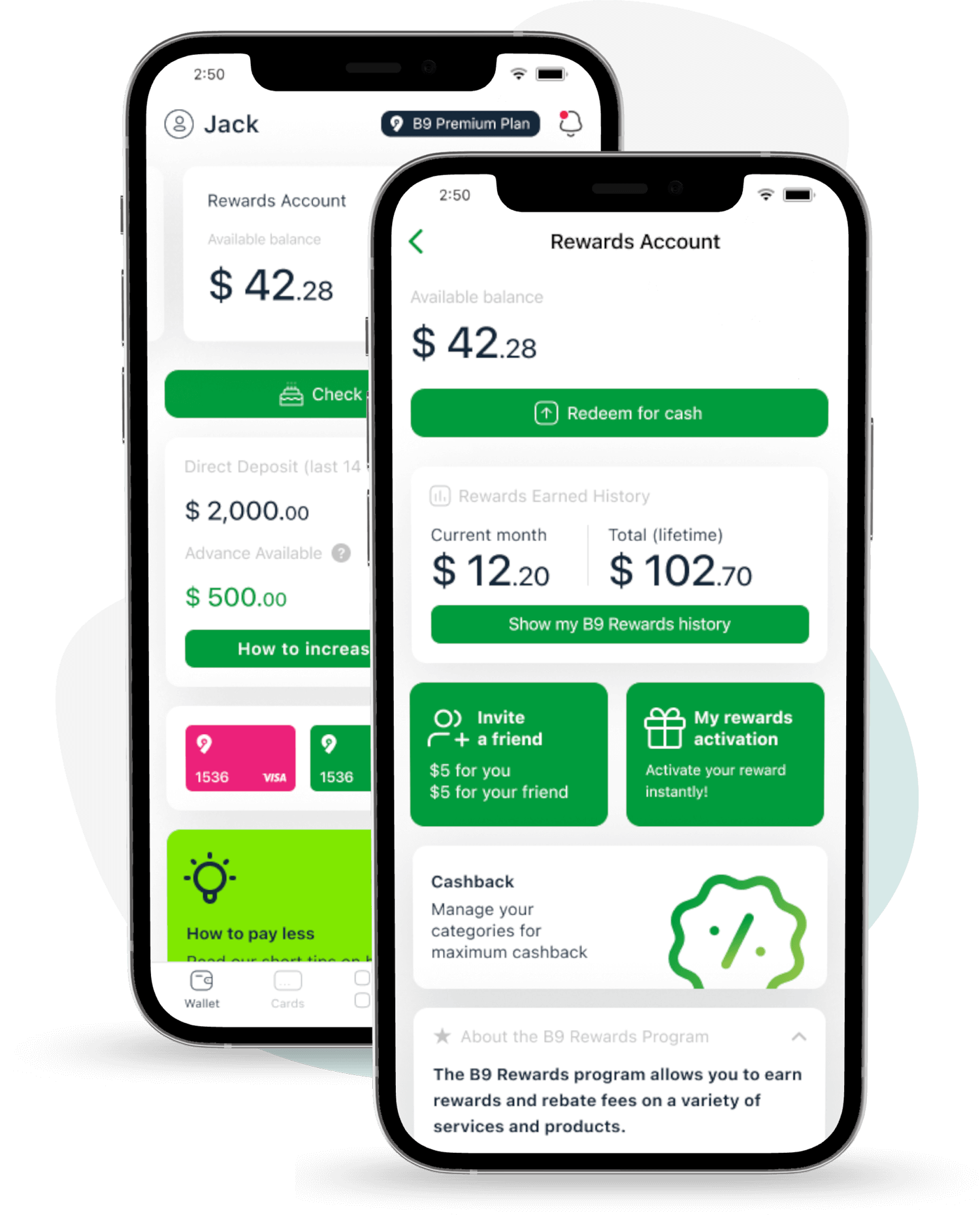 B9 Rewards account screens showing available balance and rewards history
