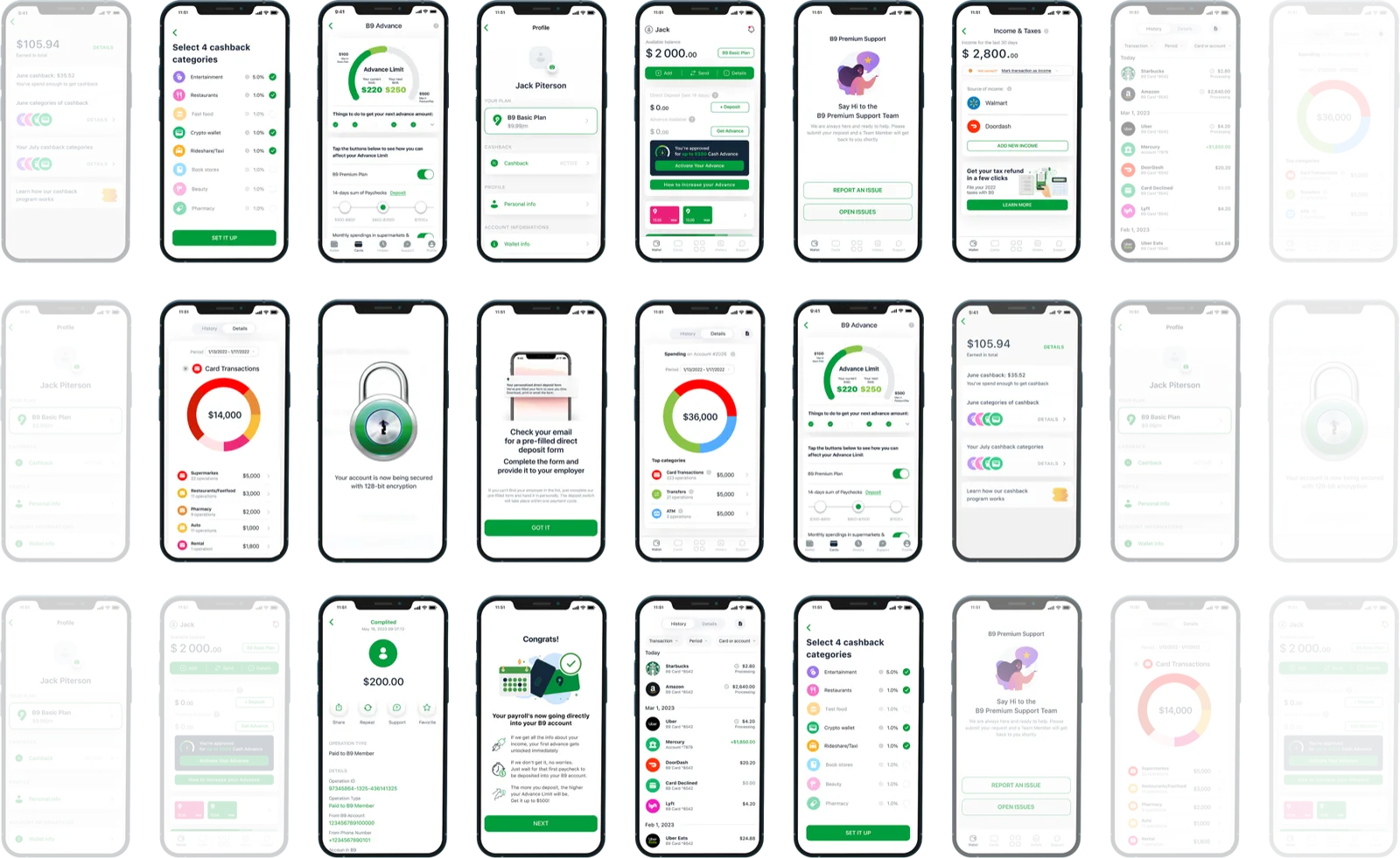 A wall of B9 app screens