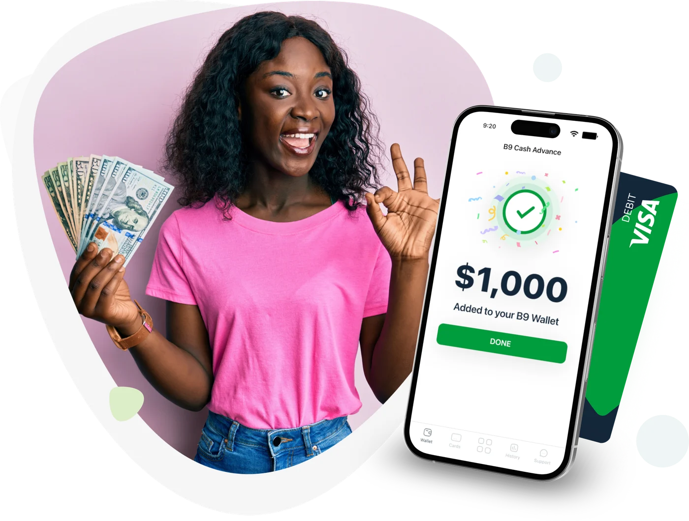 A B9 member holding cash next to a phone showing $1,000 added to their B9 Wallet