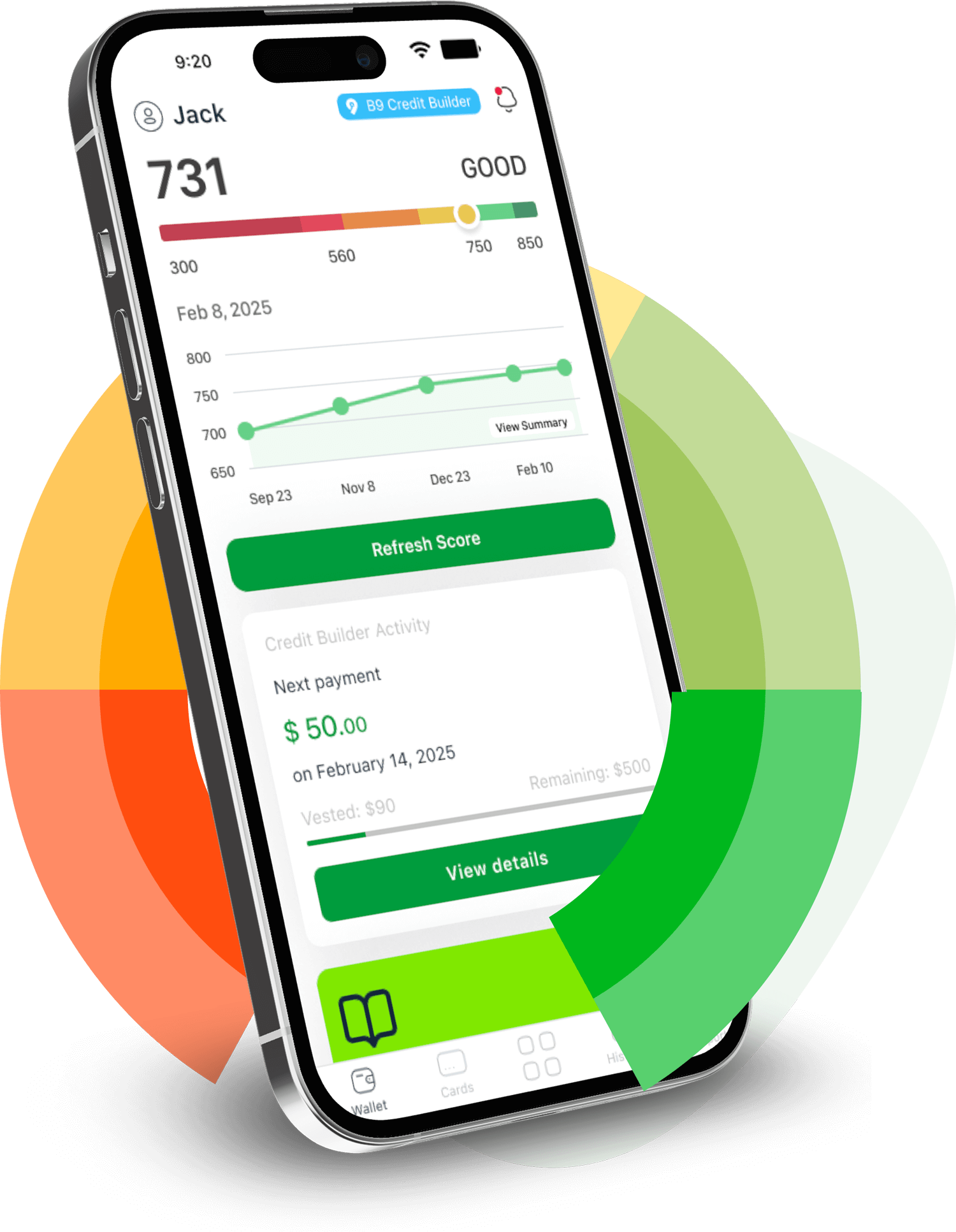 B9 app showing a 731 credit score, score history chart and Credit Builder activity