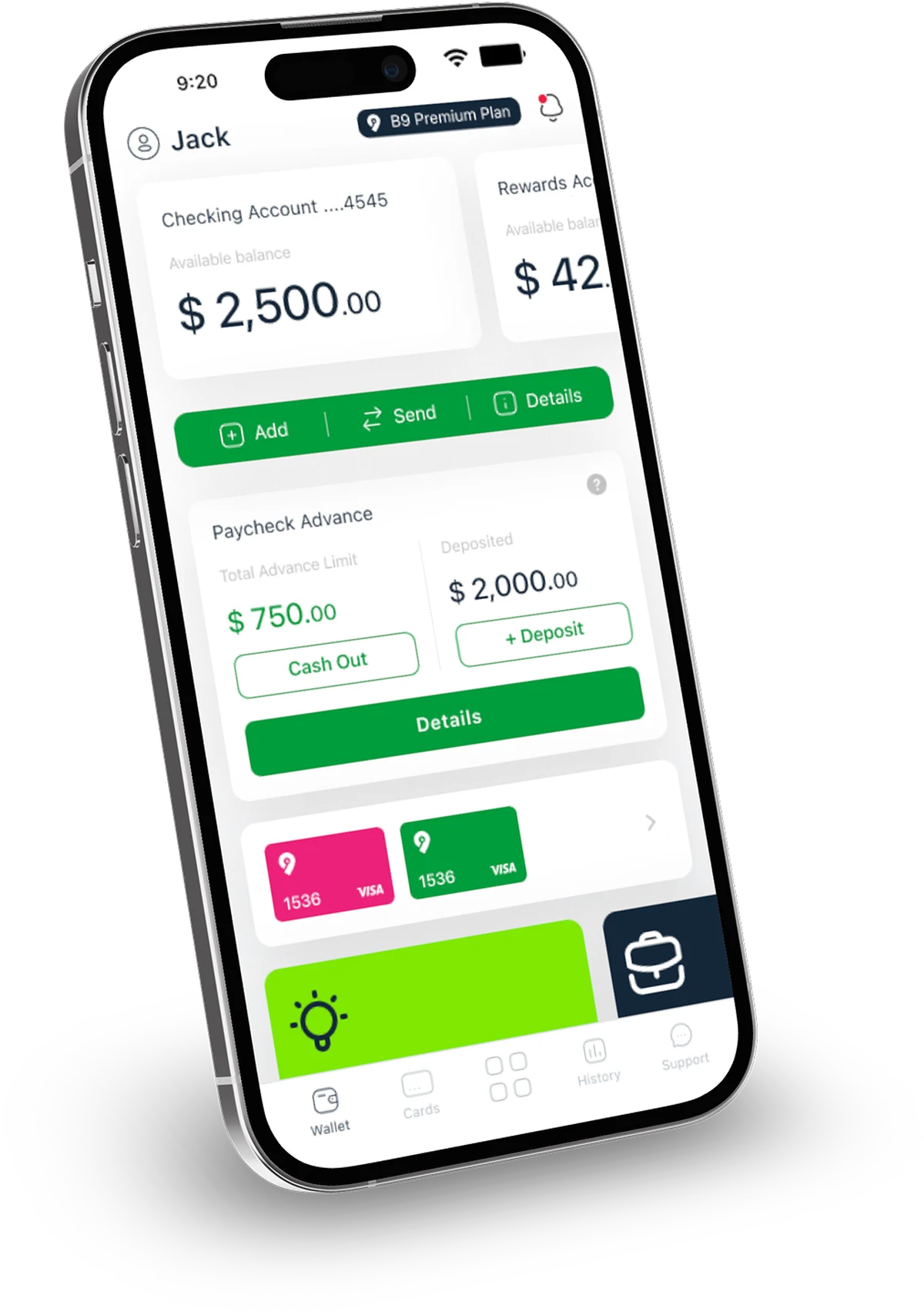 The B9 app showing a checking account balance and an available paycheck advance